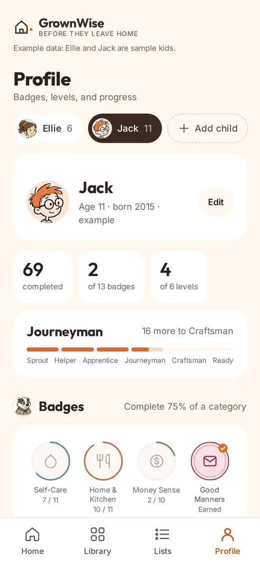 Profile screen with a child's level, Journeyman, and category badges like Home & Kitchen and Good Manners.
