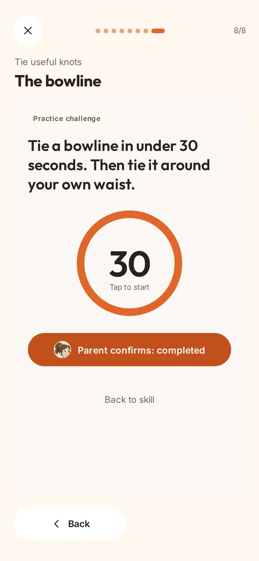 Practice challenge: tie a bowline in under 30 seconds, with a button that says Parent confirms: completed.