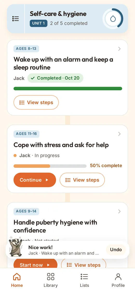Home screen: a path of skill cards with progress bars, Start now, Continue and View steps buttons, one just marked completed, and Badger cheering Nice work!