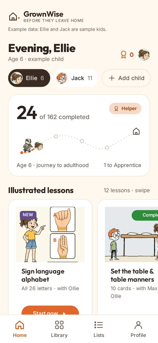 GrownWise home screen: a child's progress (24 of 162 skills completed, Helper level) and a row of illustrated lessons, starting with the sign language alphabet (all 26 letters).
