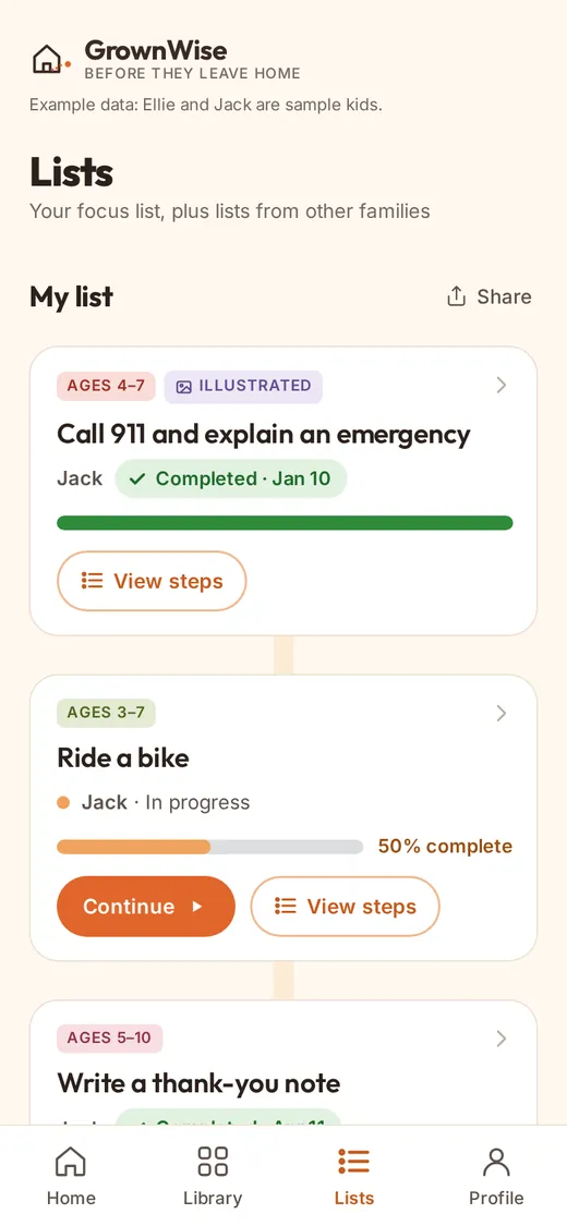 My list with skill cards like calling 911, riding a bike and writing a thank-you note, each with a Start now or Continue button plus View steps.